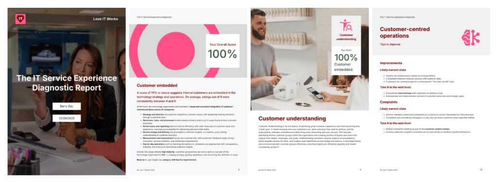 An image showing 4 sample pages from the IT Service Experience Diagnostic PDF Report.